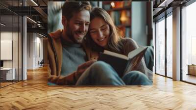 man and woman caucasian adult couple read books at home Wall mural