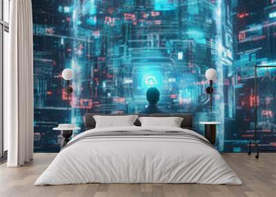 Man stand in huge development room with holograms represent projects Wall mural