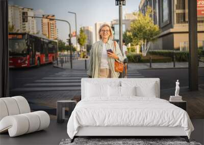 Mature woman walk on the crosswalk with luggage and clothing hangers Wall mural