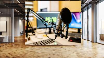 Microphone and mixer at the radio station studio broadcasting news Wall mural