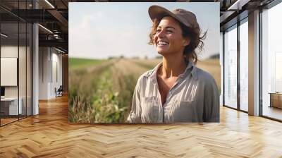 one woman farmer stand in the agricultural field Wall mural