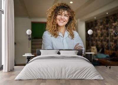 Portrait of one caucasian woman stand happy confident at cafe indoor Wall mural