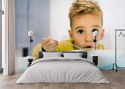 Portrait of small boy child eating soup meal or breakfast having lunch by the table at home with spoon white kindergarten Wall mural