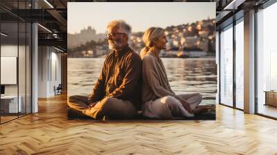 senior couple man and mature woman zen meditation relaxation concept Wall mural