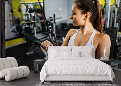 Side view on young caucasian woman training at gym on machine - copy space Wall mural