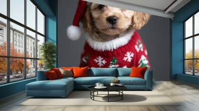 small puppy in Santa costume ready for Christmas, studio shot Wall mural