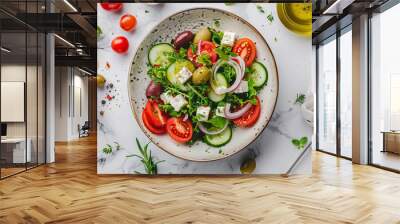 top down view on greek salad in a bowl on the table healthy eating Wall mural