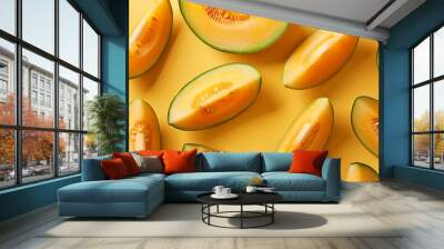 Top down view slices of melon on the yellow table summer concept Wall mural