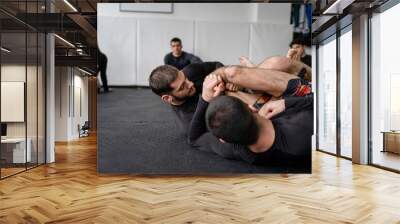 two men demonstrate bjj brazilian jiu jitsu grappling or luta livre technique on the ground at training at the academy in front of group of students leg attack Wall mural