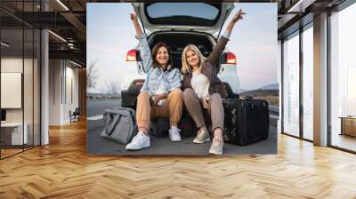 two women mature caucasian female friends sit by the car automobile while parked by the road taking a brake talk in day real people travel vacation copy space happy smile celebrate Wall mural