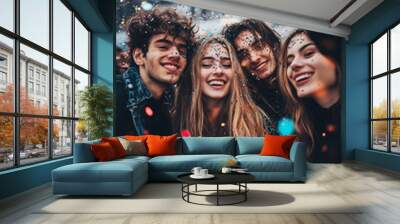 young adult friends on new year party with confetti at street Wall mural