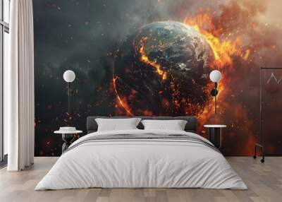 Burning Earth Globe Collapse Conceptual of Global Disaster and Climate Crisis Wall mural