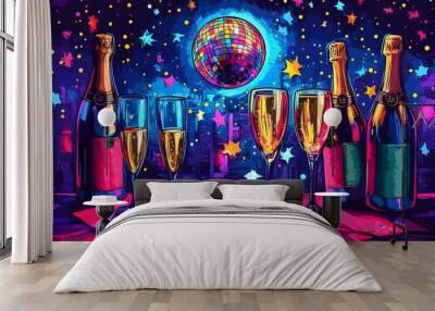 Colorful New Year s Party Stage with Disco Ball and Champagne Bottles in Vibrant Cartoon Background Wall mural