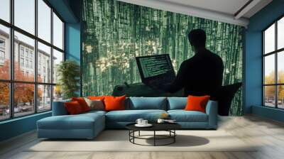 Developer Writing HTML Code Against Matrix Style Green Background with Hacker Like Aesthetic Wall mural