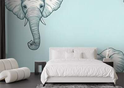 Elegant Elephant Faces Seamless Pattern in Pastel Mint Background Wall mural