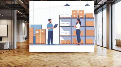 Female Warehouse Manager Discussing Logistics with Employee in Warehouse Wall mural