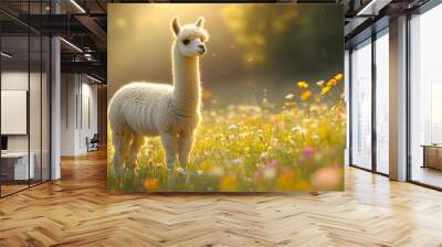 Fluffy Alpaca Enjoying Peaceful Field of Vibrant Wildflowers in Tranquil Outdoor Scenery Wall mural