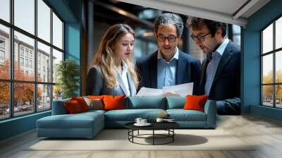 Group of Professionals Discussing Business Strategies in Tech Office Wall mural