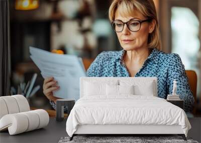 Mature Female Professional Reviewing Financial Documents at Home Office Wall mural