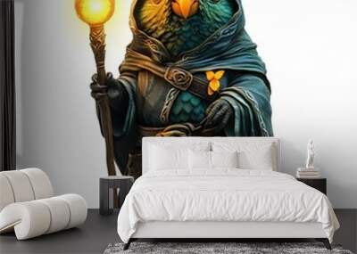 Mystical Wizard Parrot Perched on Enchanted Staff with Glowing Wand Wall mural