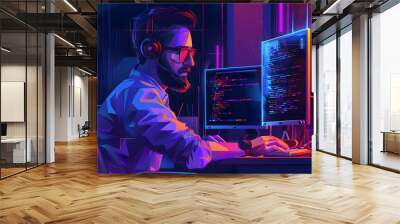 Skilled developer working on a complex software project in a futuristic hi tech workspace Wall mural