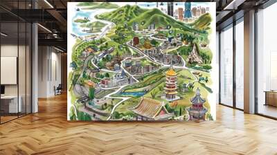 Vibrant Sketchnote Style Travel Map of Taipei Showcasing Key Landmarks and Attractions Wall mural