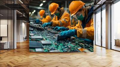 Workers Sorting Electronic Materials at E Waste Recycling Plant in Safety Gear Wall mural