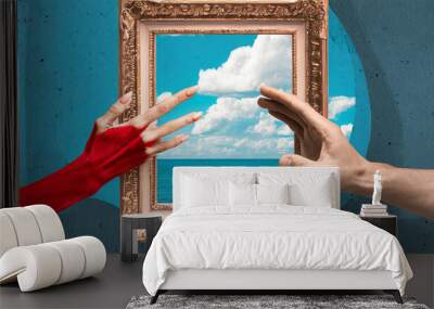 Digital collage modern art, Two Hand reaching through retro picture frame Wall mural