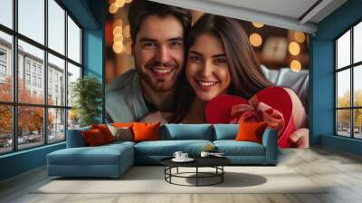 Love and Valentines day concept. Cheerful couple in love holding red valentines card gift and embracing at home Wall mural