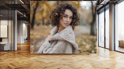 Stylish happy autumn woman on fall yellow nature background, outdoor lifestyle portrait Wall mural