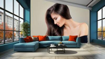 Cute Model Woman with Shiny Hairstyle and Makeup, Beauty Salon or Barber Shop Background. Pretty Fashion Girl with Long Healthy Hair Wall mural