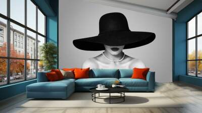 Elegant woman in classic hat, retro black and white portrait Wall mural