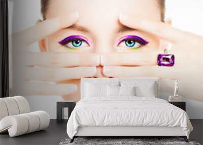 Fashion Woman. Bright Colorful Makeup and Flowers. Beauty Portra Wall mural