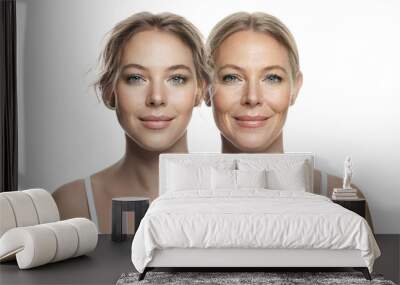 Mother and daughter. Generation. Young and senior women on white background. Aging, cosmetology, plastic surgery and retouching before and after concept Wall mural