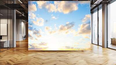 Sky clouds background. Beautiful landscape with clouds and orange sun on sky Wall mural