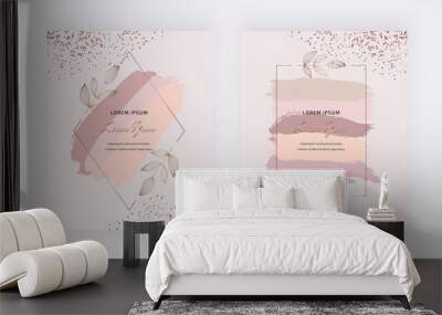 Geometric hand drawn botanical frames with leaves and peach brush stroke on the pink background with rose gold confetti. 
 Wall mural