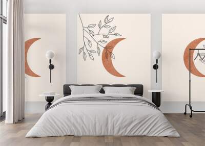 Moon with leaves wall art print. Boho mid century design posters Wall mural