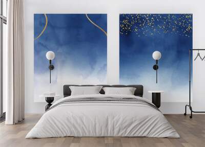 Navy blue watercolor texture with golden confetti and lines  Wall mural