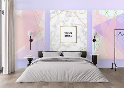 Set abstract geometric designs posters in gold, glitter, cream, light blue, pastel pink and marble texture background. Vector trendy geometric posters. Template for invitation card or poster design Wall mural