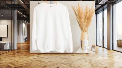 White mockup with blank sweatshirt and pampas grass on the boho background.
 Wall mural