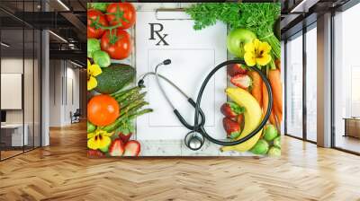 Healthy lifestyle, food is medicine, prescription for good health concept flatlay with colorful fruits and vegetables and clipboard. Wall mural