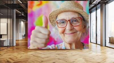 elderly woman a thumbs up with a colorful background Wall mural