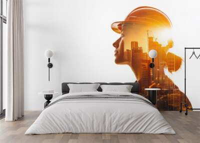 Portrait of a construction worker man with safety helmet letting see city buildings under construction. Transparent background or PNG file Wall mural