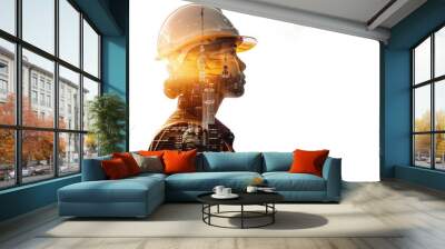 Portrait of a construction worker man with safety helmet letting see city buildings under construction. Transparent background or PNG file Wall mural