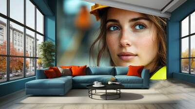 Portrait of confident female construction worker at construction site Wall mural