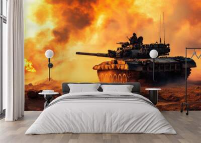 Silhouette of army tank at sunset sky background. Military machinery. AI generated Wall mural