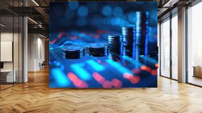 Stack of money coin and laptop computer with trading graph, financial investment concept with blue filter can be use as background Wall mural