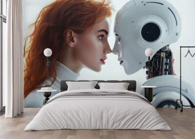 AI and human love concept. Ginger hair woman and artificial intelligence in romantic relationships. Enamored girl and humanoid robot couple. Digital virtual robotic man valentines. Wall mural