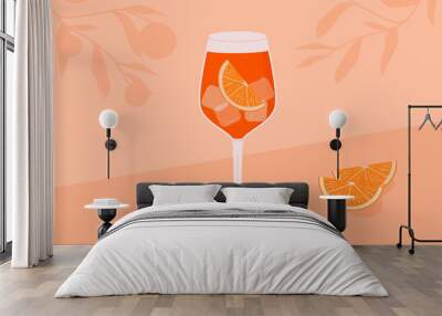 Classic Aperol Campari Spritz Cocktail in glass with ice and slice of orange. Summer Italian aperitif. Retro minimal horizontal banner. Alcoholic beverage and orange tree branches. Vector illustration Wall mural