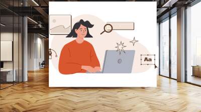 Female graphic designer working on a computer. Creative digital illustrator at work doing research and drawing at graphic editor. Woman freelancer working on her laptop. Vector isolated illustration. Wall mural